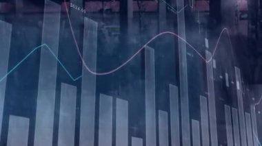 Yoğun şehir caddesinde istatistik ve veri işleme animasyonu. global spor, dijital arayüz, teknoloji ve ağ konsepti dijital olarak oluşturulmuş video.