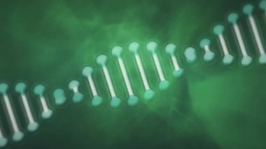 Koyu arkaplanda hareket eden yeşil dalgaların üzerindeki DNA iplikçiklerinin animasyonu. küresel bağlantılar, dijital arayüz, teknoloji ve ağ konsepti dijital olarak oluşturulmuş video.