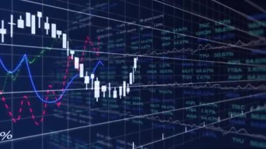 İstatistiklerle finansal veri işleme animasyonu. küresel finansmanlar, iş dünyası, dijital arayüz, teknoloji ve ağ konsepti dijital olarak oluşturulmuş video.