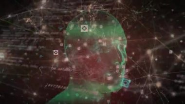 Bağlantı ağı olan insan kafasının animasyonu. küresel bilim, dijital arayüz, teknoloji ve ağ konsepti dijital olarak oluşturulmuş video.