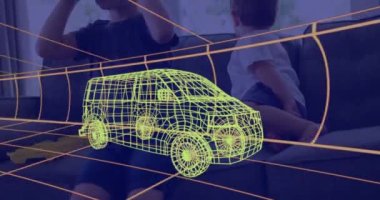 Üç boyutlu teknik karavan animasyonu, evdeki VR kulaklık takan çocuğun üzerinde. teknoloji, tasarım ve dijital arayüz kavramı dijital olarak oluşturulmuş video.