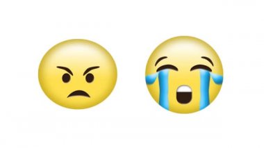 Beyaz arka planda kızgın ve ağlayan emoji simgelerinin canlandırması. küresel sosyal medya, iletişim, dijital arayüz, teknoloji ve ağ konsepti dijital olarak oluşturulmuş video.