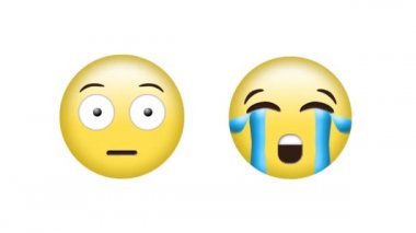 Beyaz arka planda şaşırmış ve ağlayan emoji sosyal medya simgeleri animasyonu. küresel sosyal medya, dijital arayüz, teknoloji ve ağ konsepti dijital olarak oluşturulmuş video.