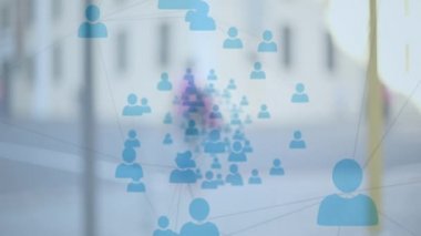 Şehir manzarası üzerindeki istatistiklerle bağlantı ağının animasyonu. küresel bağlantılar, dijital arayüz, teknoloji ve ağ konsepti dijital olarak oluşturulmuş video.