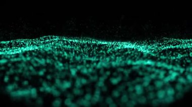 Siyah arkaplanda dalgalanan çevresel yeşil parçacıkların animasyonu. hareket, değişim, iletişim ve pozitif enerji konsepti dijital olarak oluşturuldu.