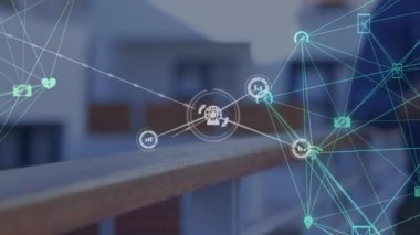 Kahve fincanı kullanan beyaz bir adama karşı dijital ikonlar ağı. küresel ağ ve teknoloji kavramı