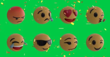 Yeşil arka planda emoji simgelerinin üzerine düşen konfeti animasyonu. küresel sosyal medya, dijital arayüz, teknoloji ve ağ konsepti dijital olarak oluşturulmuş video.