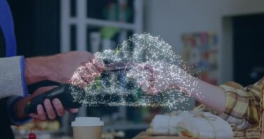 Ödeme terminalini kullanan insanların ağ güvenliği asma kilidinin canlandırılması. küresel iletişim ve veri güvenliği konsepti dijital olarak oluşturulmuş video.