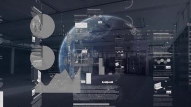Dünya ve istatistik işleme ve depo animasyonları. küresel gönderim, iş, dijital arayüz, teknoloji ve ağ konsepti dijital olarak oluşturulmuş video.