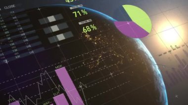 Veri işleme ve dünya üzerindeki istatistiklerin animasyonu. küresel bağlantılar, iş dünyası, dijital arayüz, teknoloji ve ağ konsepti dijital olarak oluşturulmuş video.