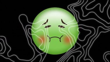 Siyah arkaplanda çizgi haritası olan hasta emoji simgesinin animasyonu. küresel sosyal medya, bağlantılar, dijital arayüz, teknoloji ve ağ konsepti dijital olarak oluşturulmuş video.