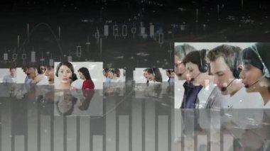 Telefon kulaklığı kullanan iş adamlarının istatistik ve veri işleme animasyonları. küresel iletişim, iş dünyası, dijital arayüz, teknoloji ve ağ konsepti dijital olarak oluşturulmuş video.