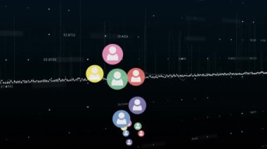 Siyah arkaplanda veri işleme üzerine yükselen insan simgelerinin canlandırılması. küresel iletişim ve veri paylaşım kavramı, dijital olarak oluşturulmuş video.