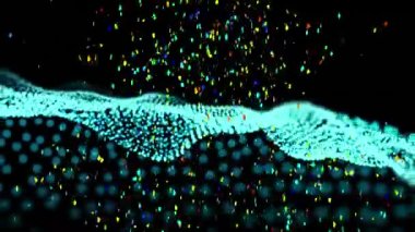Siyah arka planda dalgalı mavi hatların üzerine renkli konfetilerin düşüşünün animasyonu. kutlama, hareket, iletişim ve pozitif enerji konsepti dijital olarak oluşturulmuş video.