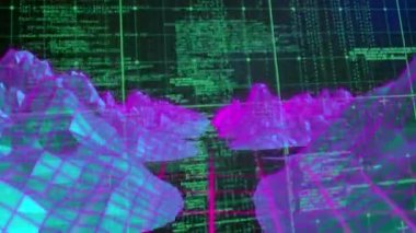 Dağlarla veri işleme animasyonu. küresel bağlantılar, teknoloji, dijital arayüz ve bağlantılar konsepti dijital olarak oluşturulmuş video.