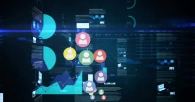 İstatistikler yerine simgelerin canlandırılması. küresel sosyal medya, bağlantılar, dijital arayüz, teknoloji ve ağ konsepti dijital olarak oluşturulmuş video.