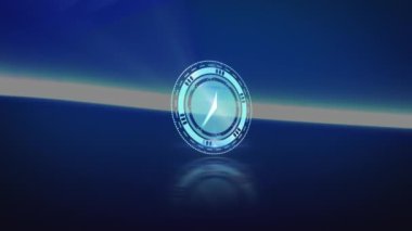 Mavi arka planda parlayan mavi ışıkların üzerindeki saatin animasyonu. küresel bağlantılar, dijital arayüz, teknoloji ve ağ konsepti dijital olarak oluşturulmuş video.