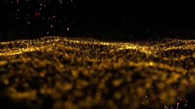 Renkli konfetilerin siyah arka planda dalgalanan altın hatları üzerine düşüşünün animasyonu. kutlama, hareket, iletişim ve pozitif enerji konsepti dijital olarak oluşturulmuş video.