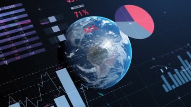 Veri işleme ve dünya üzerindeki istatistiklerin animasyonu. küresel bağlantılar, iş dünyası, dijital arayüz, teknoloji ve ağ konsepti dijital olarak oluşturulmuş video.