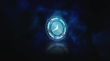 Koyu arkaplanda mavi dalgaların üzerindeki saatin animasyonu. küresel bağlantılar, dijital arayüz, teknoloji ve ağ konsepti dijital olarak oluşturulmuş video.