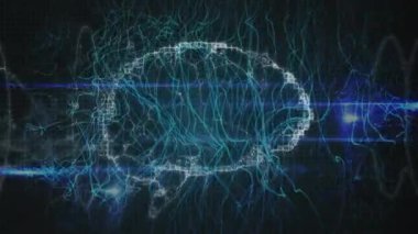 Koyu arkaplanda insan beyni üzerinde mavi çizgilerin canlandırılması. küresel bağlantılar, dijital arayüz, teknoloji ve ağ konsepti dijital olarak oluşturulmuş video.