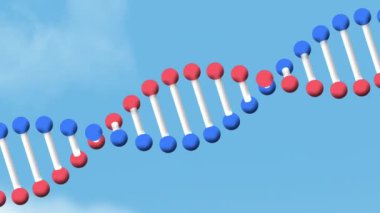 Bulutların ve gökyüzünün etrafında dönen DNA ipliklerinin animasyonu. küresel bilim, dijital arayüz, teknoloji ve ağ konsepti dijital olarak oluşturulmuş video.
