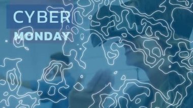 Animasyon metni, siber pazartesi ve hareket eden hatlar, vr kulaklık takan gülümseyen bir kadın. perakende ve alışveriş iletişimi ve dijital arayüz kavramı, dijital olarak oluşturulmuş video.