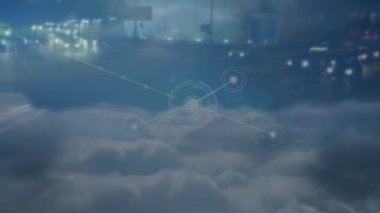 Şehir manzarası üzerindeki istatistiklerle bağlantı ağının animasyonu. küresel bağlantılar, dijital arayüz, teknoloji ve ağ konsepti dijital olarak oluşturulmuş video.
