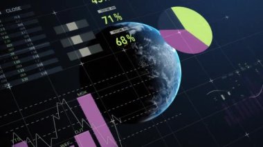 Veri işleme ve dünya üzerindeki istatistiklerin animasyonu. küresel bağlantılar, iş dünyası, dijital arayüz, teknoloji ve ağ konsepti dijital olarak oluşturulmuş video.