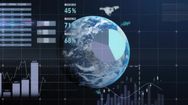 Veri işleme ve dünya üzerindeki istatistiklerin animasyonu. küresel bağlantılar, iş dünyası, dijital arayüz, teknoloji ve ağ konsepti dijital olarak oluşturulmuş video.