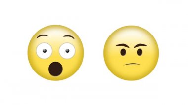 Beyaz arka plan üzerinde şaşırmış ve kızgın emoji sosyal medya simgeleri animasyonu. küresel sosyal medya, dijital arayüz, teknoloji ve ağ konsepti dijital olarak oluşturulmuş video.