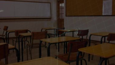 Sınıfın üzerinde matematik formüllerinin animasyonu. küresel çevrimiçi eğitim, dijital arayüz, teknoloji ve bağlantılar konsepti dijital olarak oluşturulmuş video.