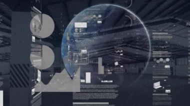 Dünya ve istatistik işleme ve depo animasyonları. küresel kargo, iş, dijital arayüz, teknoloji ve ağ konsepti dijital olarak oluşturulmuş video. Bu görüntünün elementleri NASA tarafından desteklenmektedir