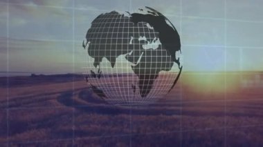 Tarım alanında dönen dünyanın animasyonu. küresel tarım, işletme, dijital arayüz, teknoloji ve ağ konsepti dijital olarak oluşturulmuş video.