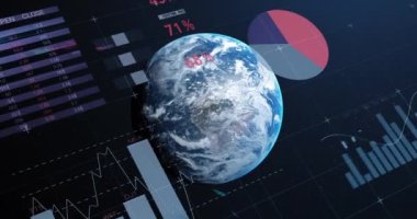 Tüm dünyada istatistik ve finansal veri işleme animasyonları. küresel iş, dijital arayüz, teknoloji ve ağ konsepti dijital olarak oluşturulmuş video.