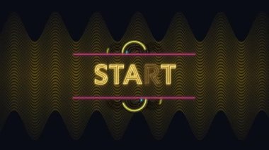 Metnin animasyonu, başlat, sarı neon ile, dalgalı çizgiler üzerinde koyu arkaplanda hareket ediyor. çevrimiçi iletişim, retro oyun ekranı ve sosyal medya mesaj konsepti, dijital olarak oluşturulmuş video.