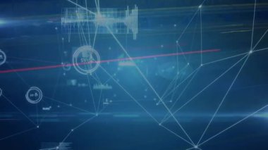 Mavi arka plandaki istatistiklerle bağlantı ağının animasyonu. küresel bağlantılar, dijital arayüz, teknoloji ve ağ konsepti dijital olarak oluşturulmuş video.