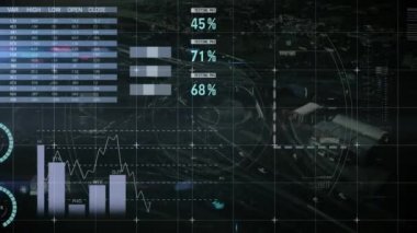 Şehir manzarası üzerindeki veri işleme ve analizinin animasyonu. küresel iş, dijital arayüz, teknoloji ve ağ konsepti dijital olarak oluşturulmuş video.