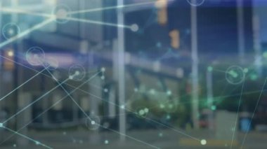 Şehir manzarası üzerindeki bağlantı ağının animasyonu. küresel bağlantılar, dijital arayüz, teknoloji ve ağ konsepti dijital olarak oluşturulmuş video.