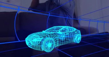 Evdeki VR kulaklık takan adamın üzerine üç boyutlu teknik bir araba çizimi. teknoloji, tasarım ve dijital arayüz kavramı dijital olarak oluşturulmuş video.