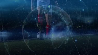 Futbolcu üzerinden bağlantı ağlarının animasyonu. global spor, teknoloji, dijital arayüz ve bağlantılar konsepti dijital olarak oluşturulmuş video.