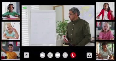 Çevrimiçi derste çeşitli erkek öğretmenler ve altı çocukla video arayüzü. küresel iletişim teknolojisi ve çevrimiçi eğitim konsepti, dijital olarak oluşturulmuş video.