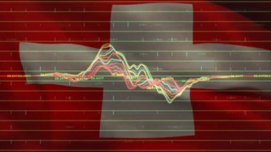 İsviçre bayrağı üzerinde veri işleme animasyonu. küresel finansmanlar, iş dünyası, dijital arayüz, teknoloji ve ağ konsepti dijital olarak oluşturulmuş video.