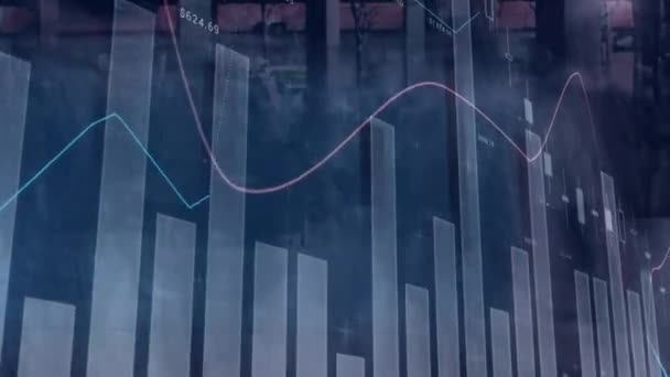 Animación Estadísticas Procesamiento Datos Concurrida Calle Ciudad Deportes Globales Interfaz — Vídeos de Stock