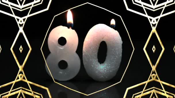 Animation Gold Line Patterns Moving Numbers Lit Birthday Candles Black — Stock Video