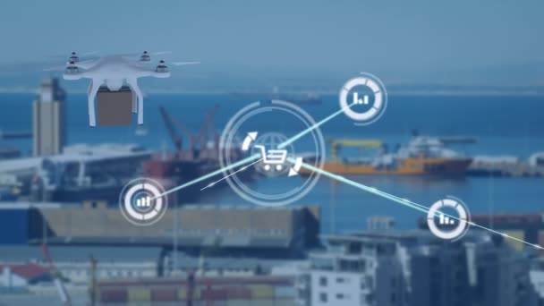 Animación Red Conexiones Sobre Dron Con Parcela Sobre Puerto Envío — Vídeo de stock