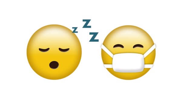 Animation Sovande Och Ansikte Mask Emoji Ikoner Över Vit Bakgrund — Stockvideo