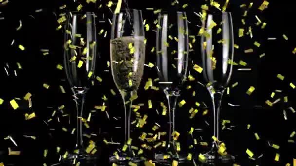 Animatie Van Goud Confetti Vallen Glazen Champagne Zwarte Achtergrond Viering — Stockvideo