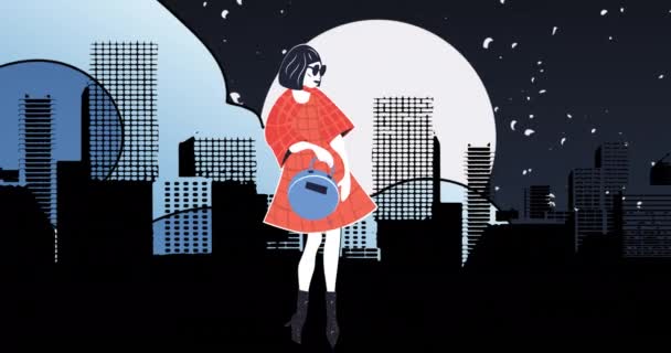 Animación Dibujo Modelo Ciudad Sobre Fondo Negro Diseño Moda Desfile — Vídeos de Stock