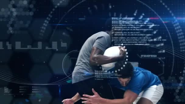 ラグビー選手とのつながりのアニメーション 世界中のスポーツ テクノロジー デジタルインターフェイスと接続の概念デジタル生成されたビデオ — ストック動画